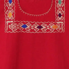 Red Blouse Huipil with Colorful Hand Stitched on - Femstylo
