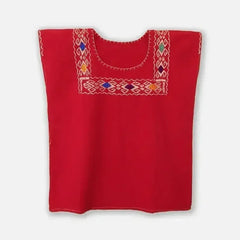 Red Blouse Huipil with Colorful Hand Stitched on - Femstylo