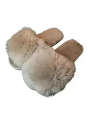 Open Toe Fluffy Slider Slippers in Camel - Femstylo