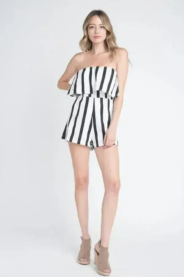 Women's Strapless Stripe Pocket Romper - Femstylo