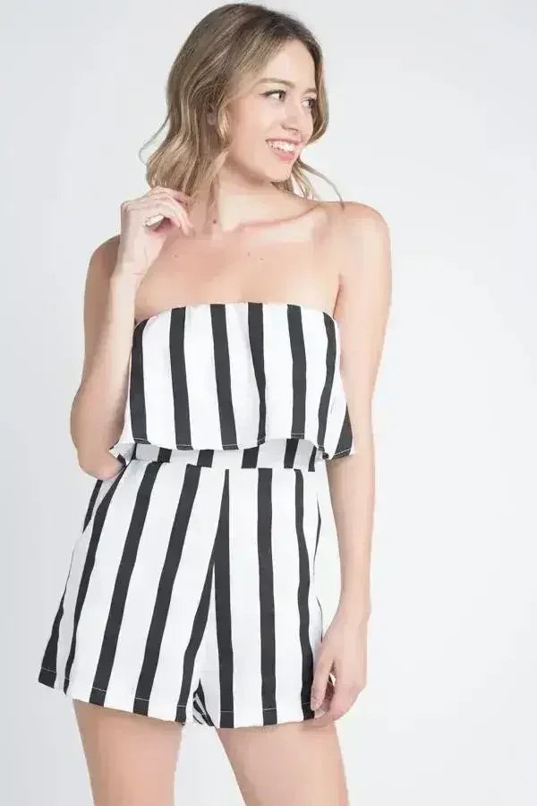 Women's Strapless Stripe Pocket Romper - Femstylo
