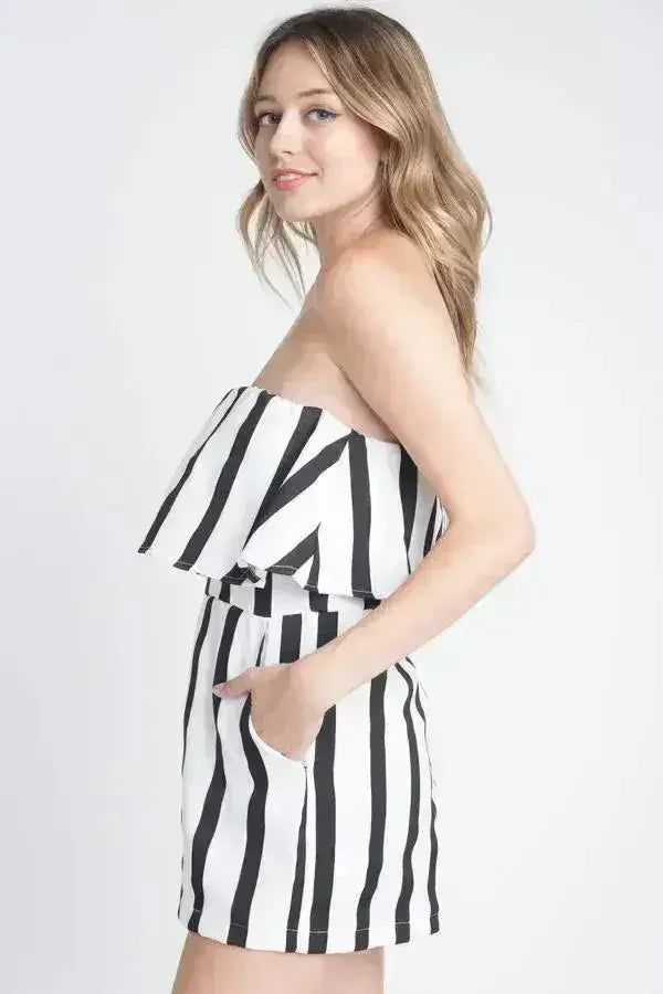 Women's Strapless Stripe Pocket Romper - Femstylo