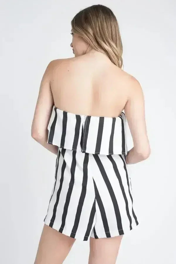 Women's Strapless Stripe Pocket Romper - Femstylo