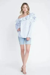 Women's One Shoulder Stripe Ruffle Top - Femstylo