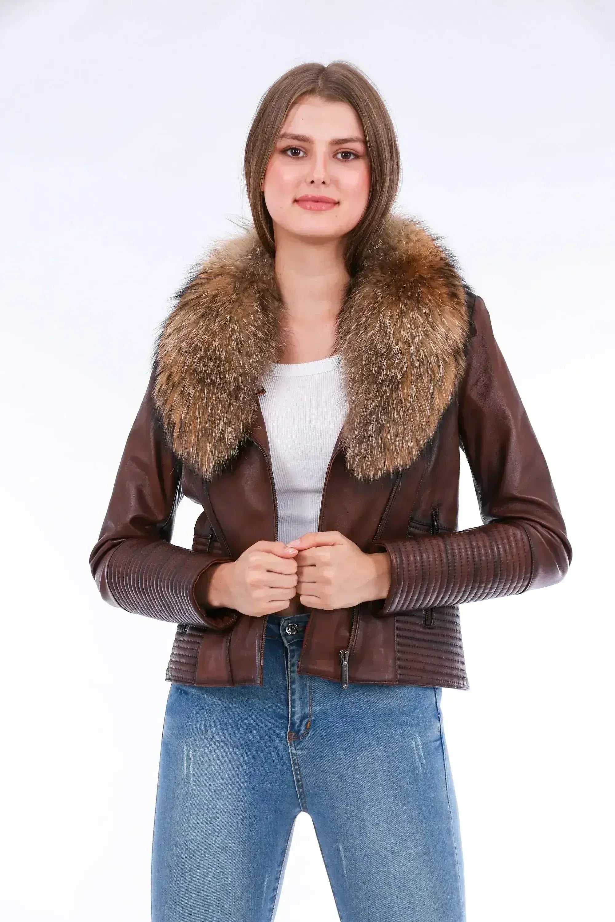 Ravenna Leather Biker Jacket - Brown - Femstylo