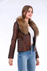 Ravenna Leather Biker Jacket - Brown - Femstylo