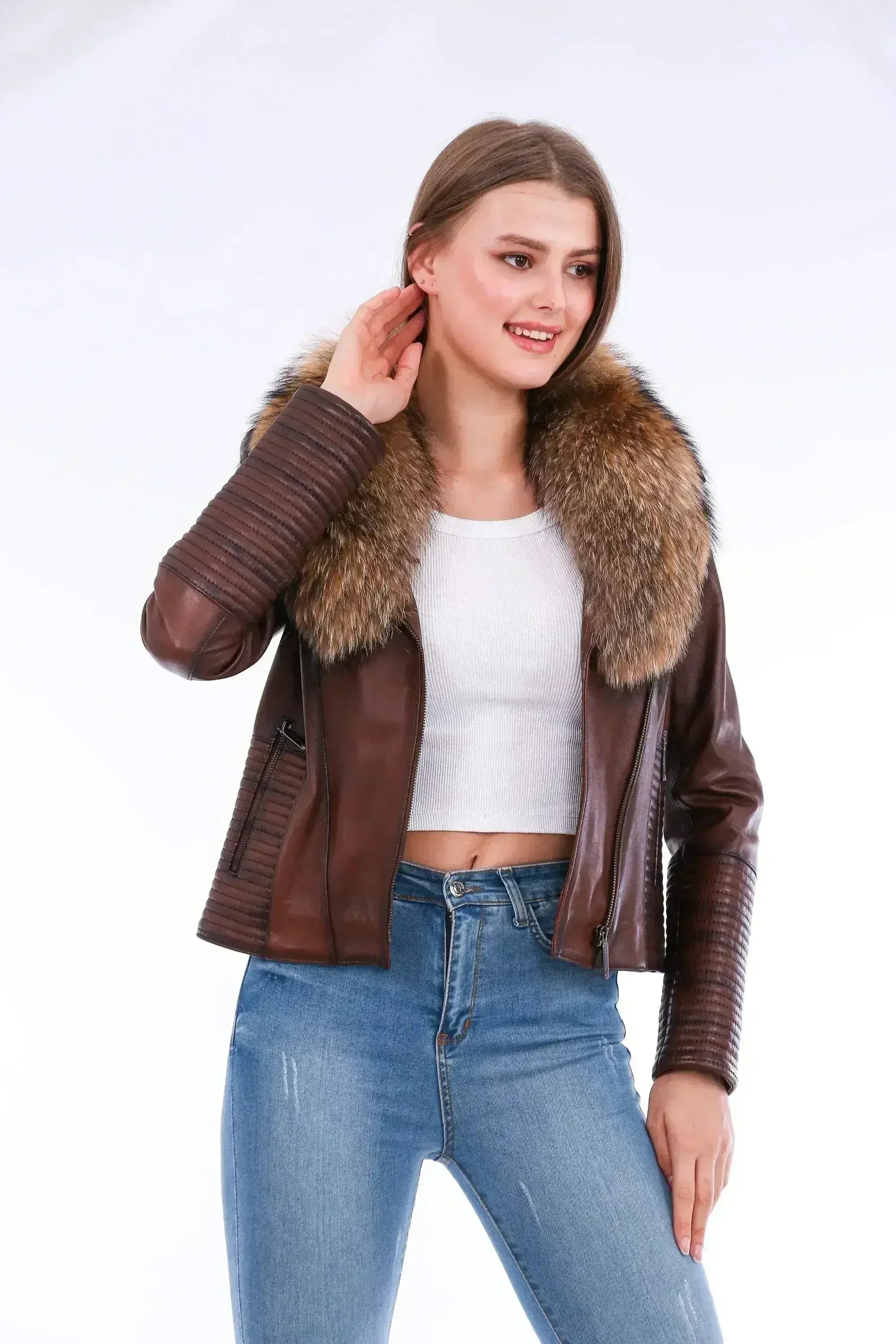Ravenna Leather Biker Jacket - Brown - Femstylo