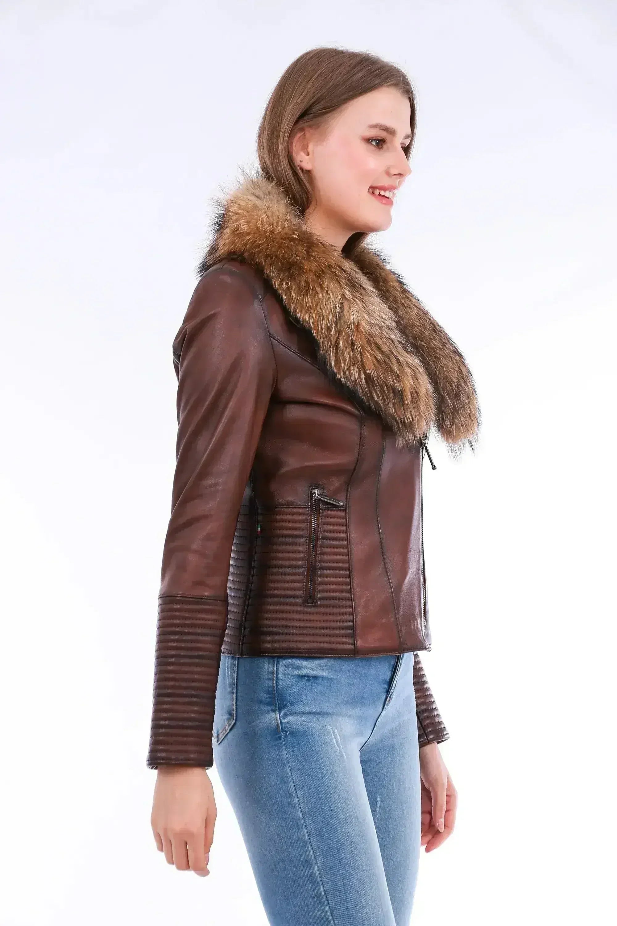 Ravenna Leather Biker Jacket - Brown - Femstylo