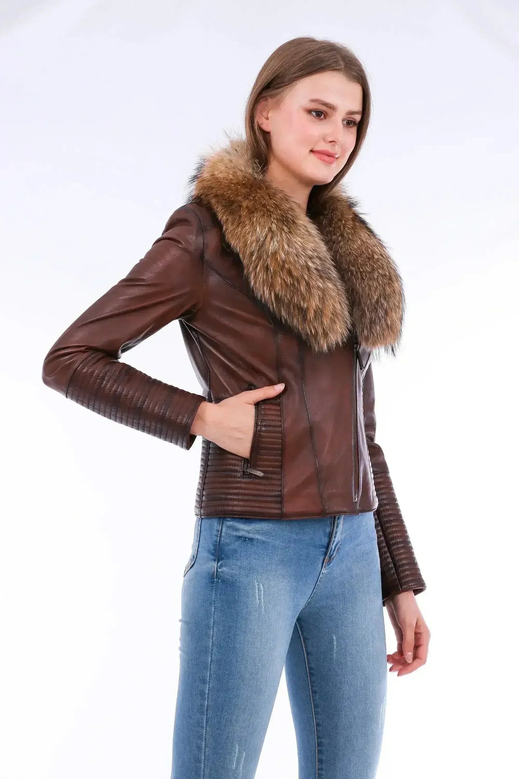 Ravenna Leather Biker Jacket - Brown - Femstylo