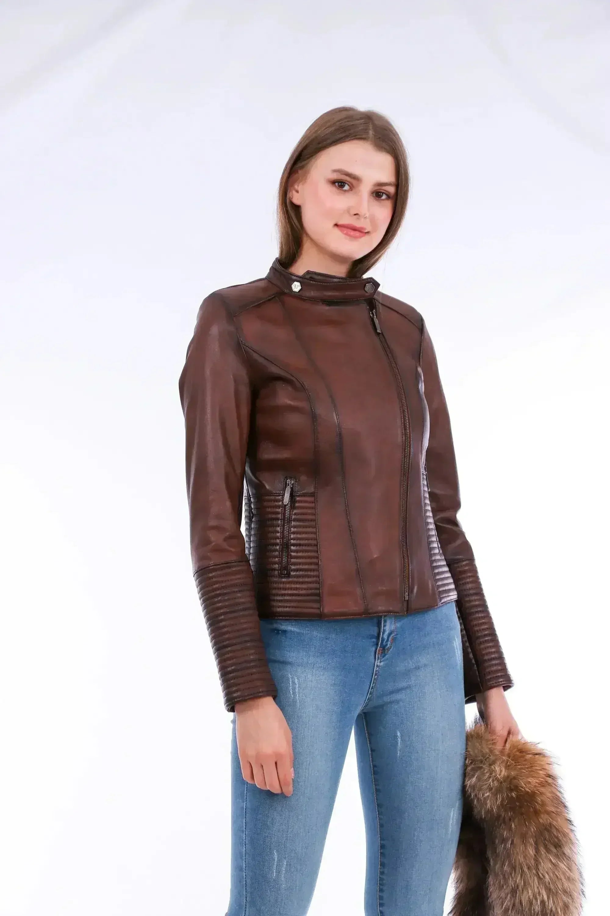Ravenna Leather Biker Jacket - Brown - Femstylo
