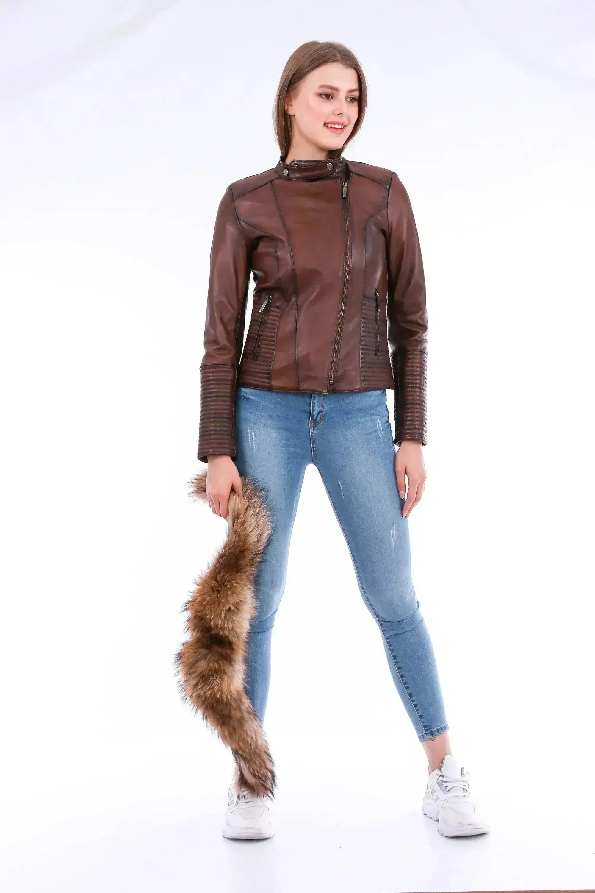 Ravenna Leather Biker Jacket - Brown - Femstylo
