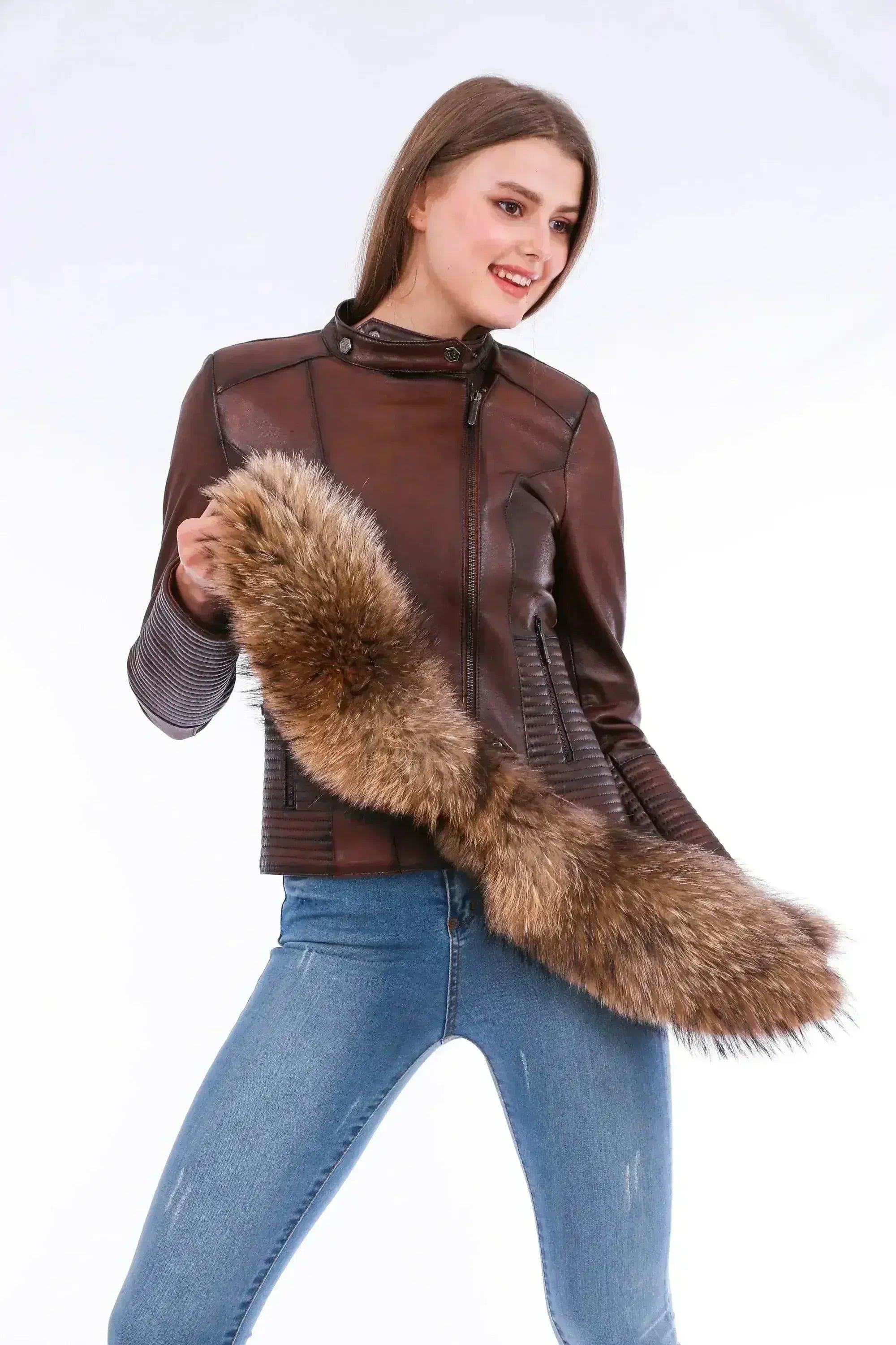 Ravenna Leather Biker Jacket - Brown - Femstylo