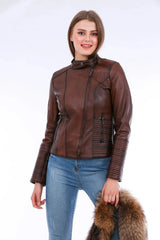 Ravenna Leather Biker Jacket - Brown - Femstylo