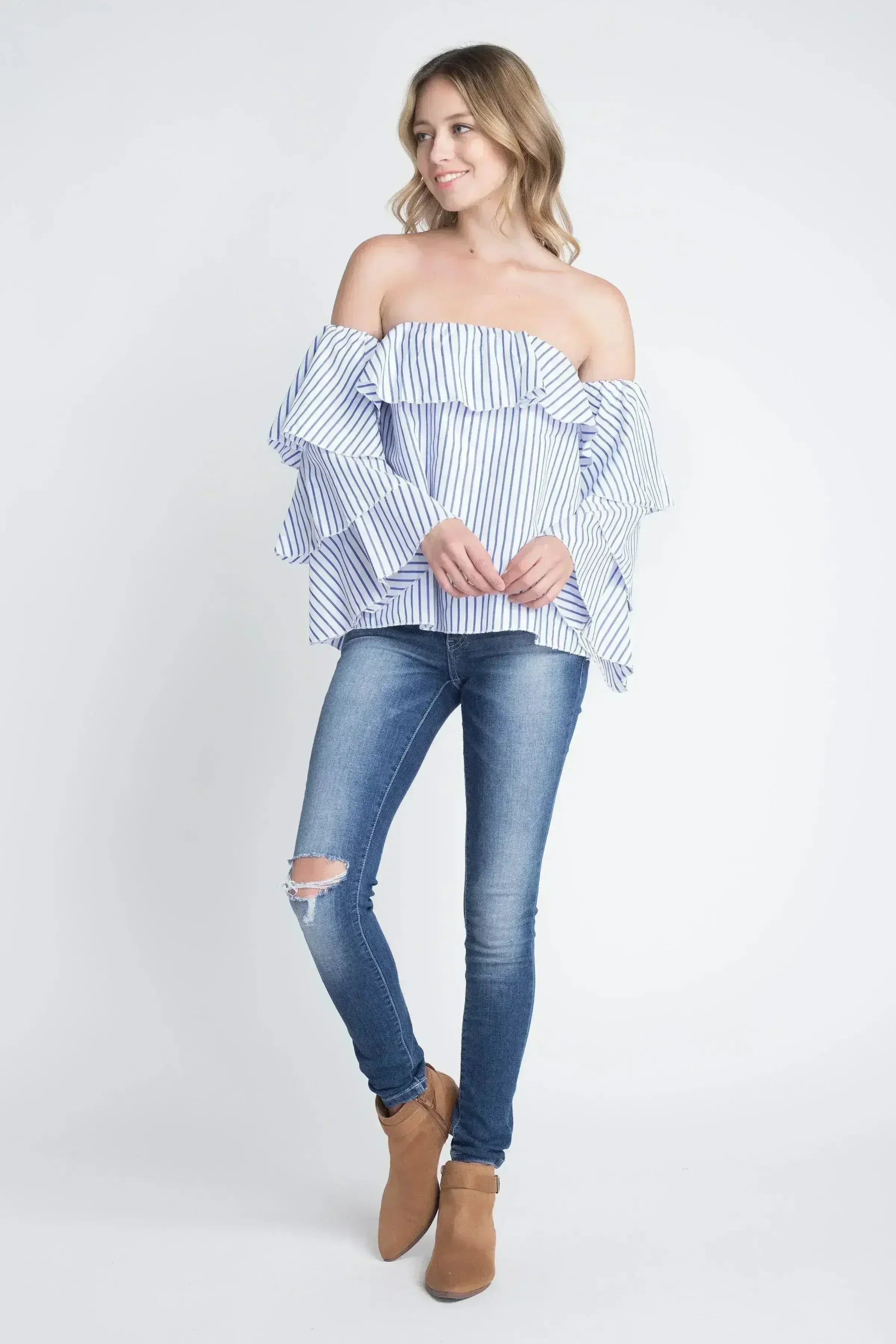 Women's Off Shoulder Stripe Ruffle Long Sleeve Top - Femstylo