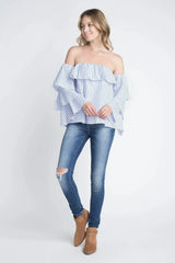 Women's Off Shoulder Stripe Ruffle Long Sleeve Top - Femstylo