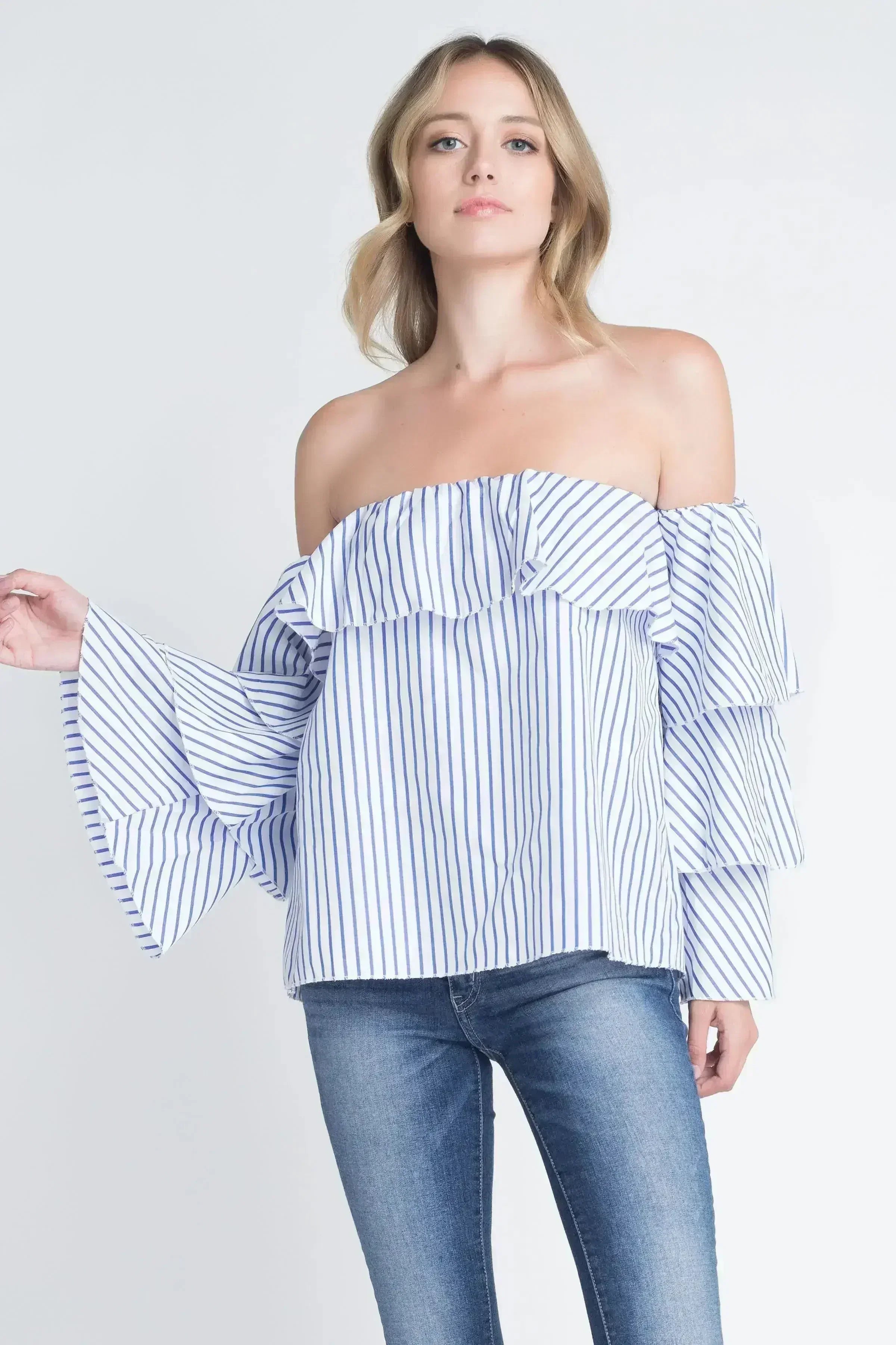Women's Off Shoulder Stripe Ruffle Long Sleeve Top - Femstylo