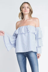 Women's Off Shoulder Stripe Ruffle Long Sleeve Top - Femstylo