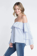 Women's Off Shoulder Stripe Ruffle Long Sleeve Top - Femstylo
