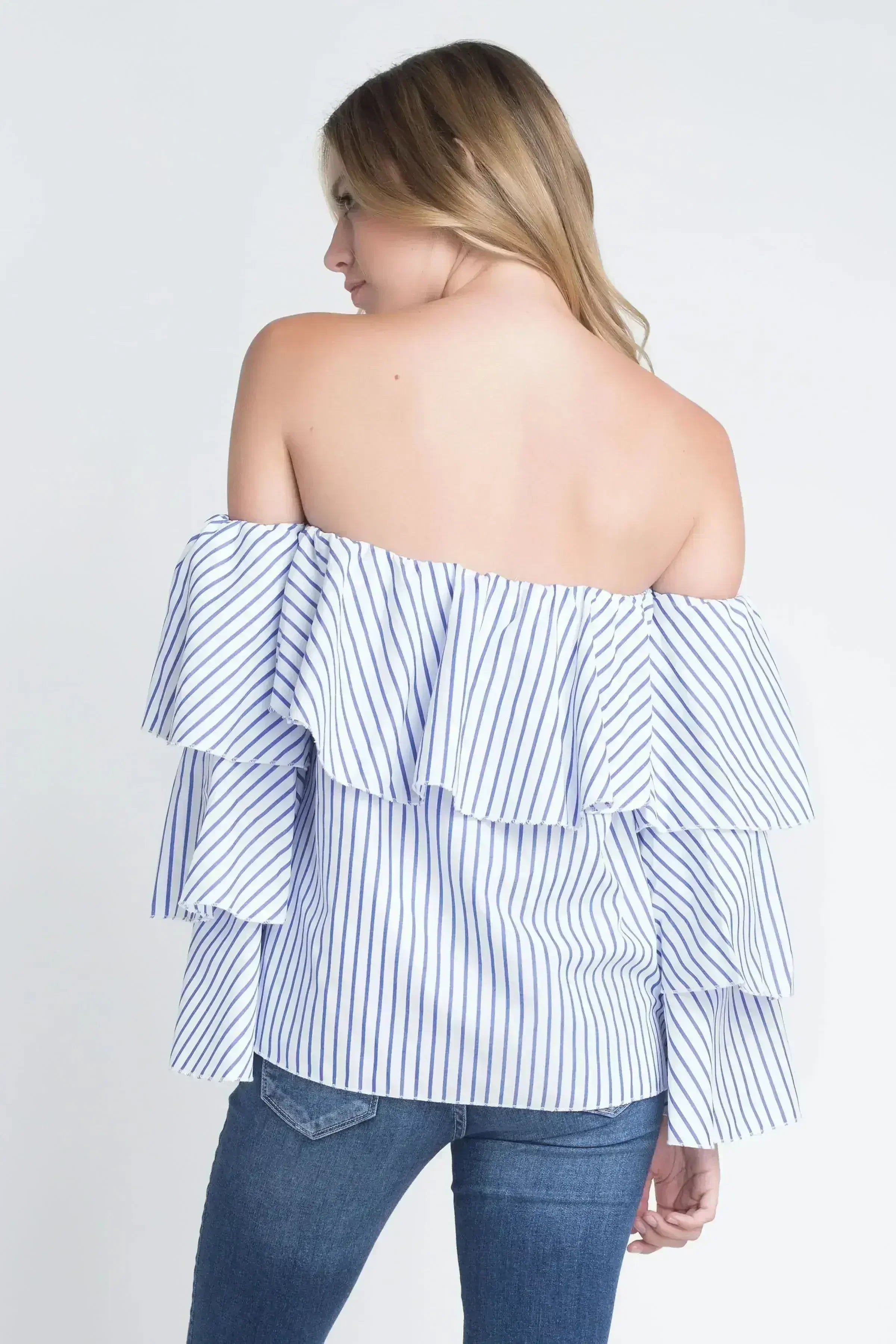 Women's Off Shoulder Stripe Ruffle Long Sleeve Top - Femstylo