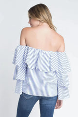 Women's Off Shoulder Stripe Ruffle Long Sleeve Top - Femstylo