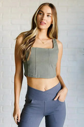 It's All About the Balance Twill Square Neck Crop Top in Dusty Olive - Femstylo