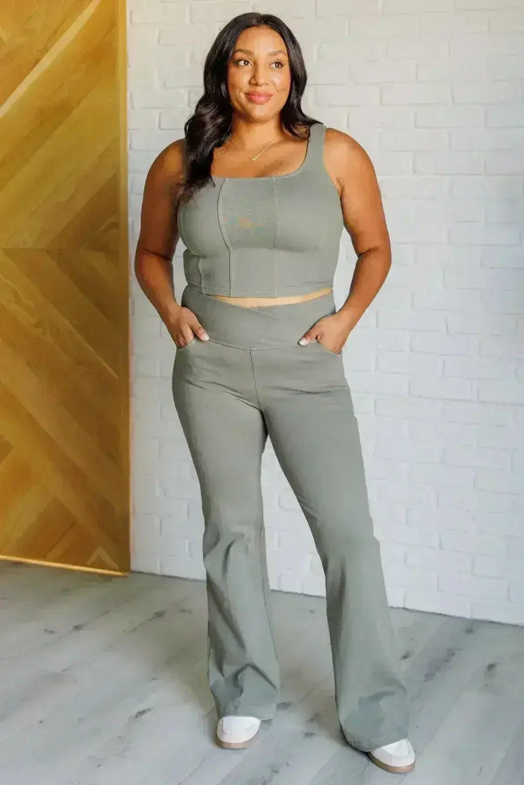 It's All About the Balance Twill Square Neck Crop Top in Dusty Olive - Femstylo