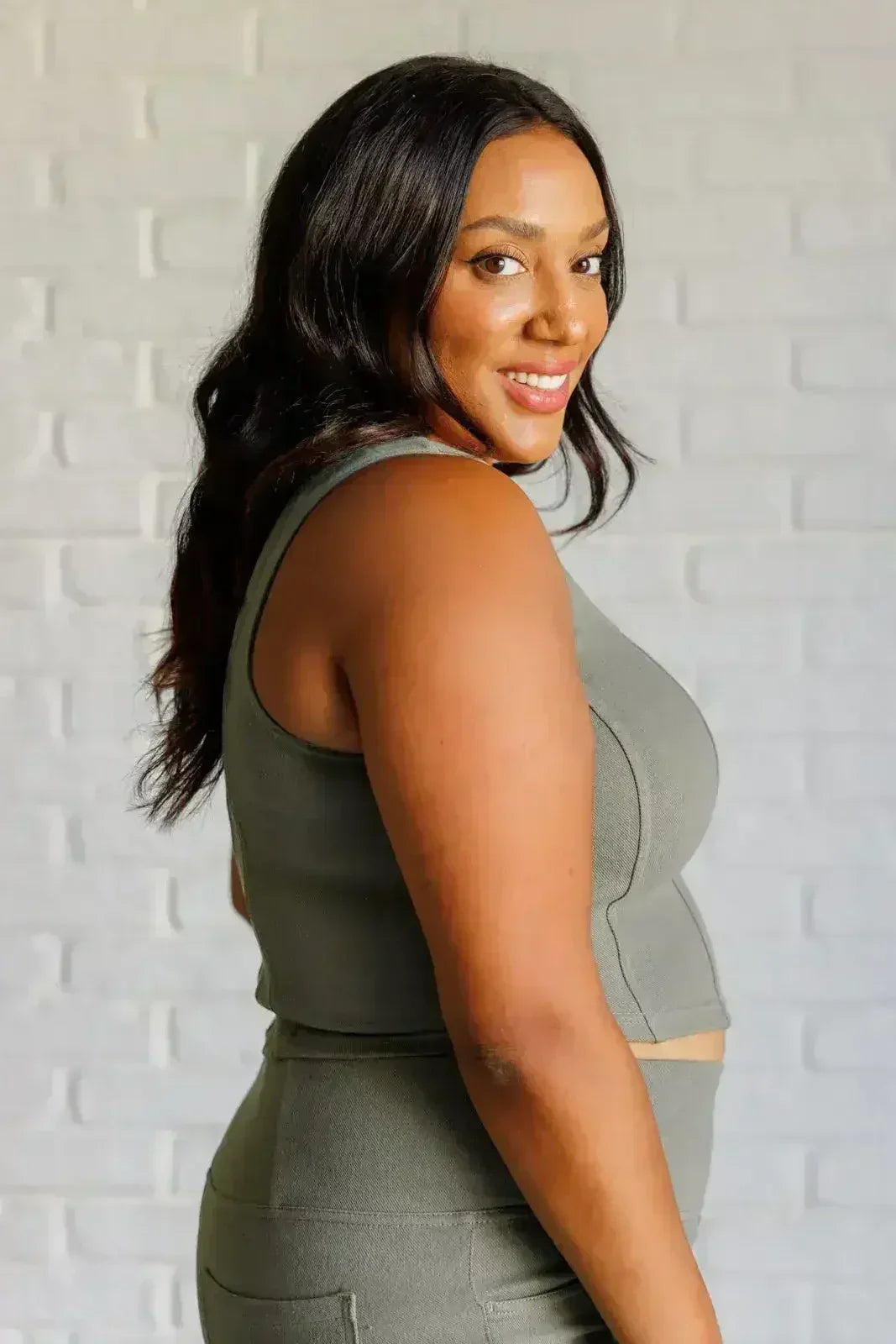 It's All About the Balance Twill Square Neck Crop Top in Dusty Olive - Femstylo