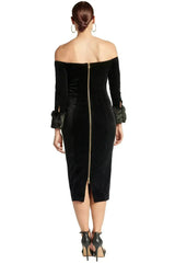 Joia Dress - Velvet off the shoulder long sleeve dress with faux fur - Femstylo