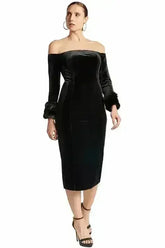 Joia Dress - Velvet off the shoulder long sleeve dress with faux fur - Femstylo
