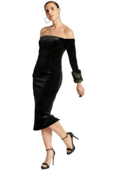 Joia Dress - Velvet off the shoulder long sleeve dress with faux fur - Femstylo