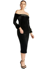 Joia Dress - Velvet off the shoulder long sleeve dress with faux fur - Femstylo