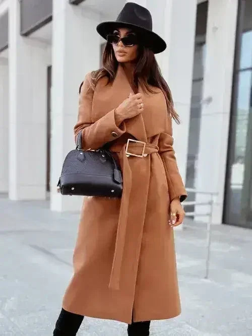 Women's long-sleeved buttoned V-neck strappy woolen coat - Femstylo