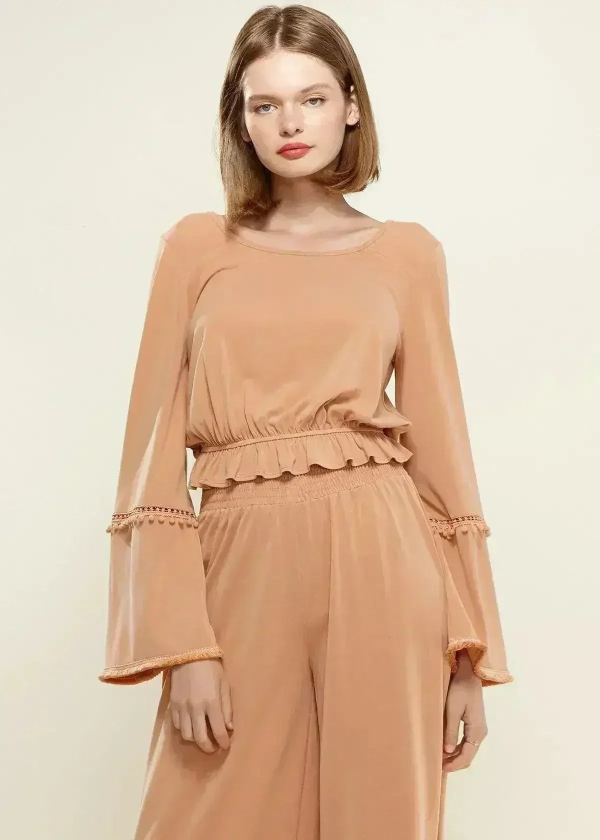 Women's Fringe Cuff Bell Sleeve Top in Apricot - Femstylo