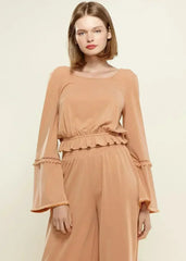 Women's Fringe Cuff Bell Sleeve Top in Apricot - Femstylo
