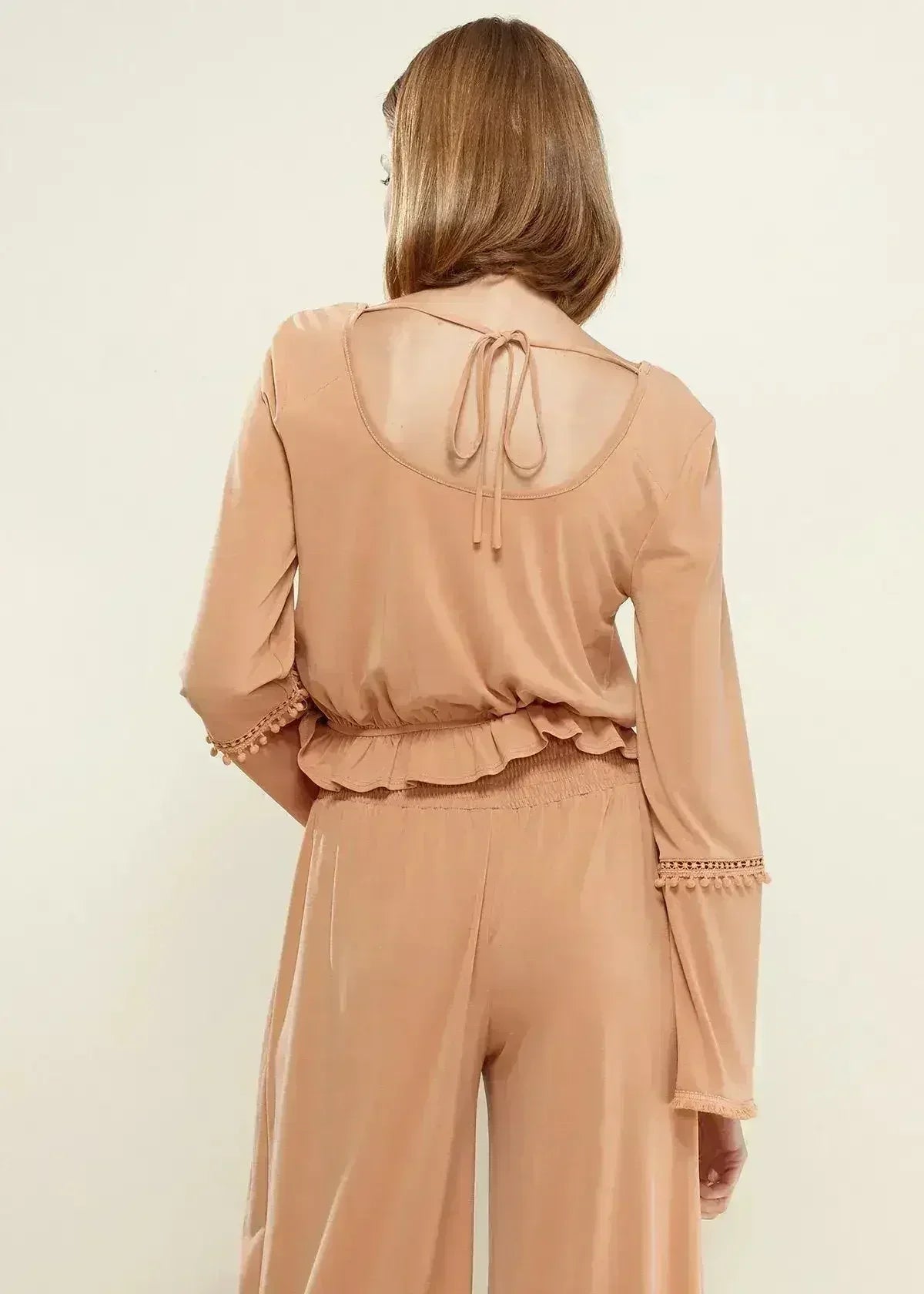 Women's Fringe Cuff Bell Sleeve Top in Apricot - Femstylo