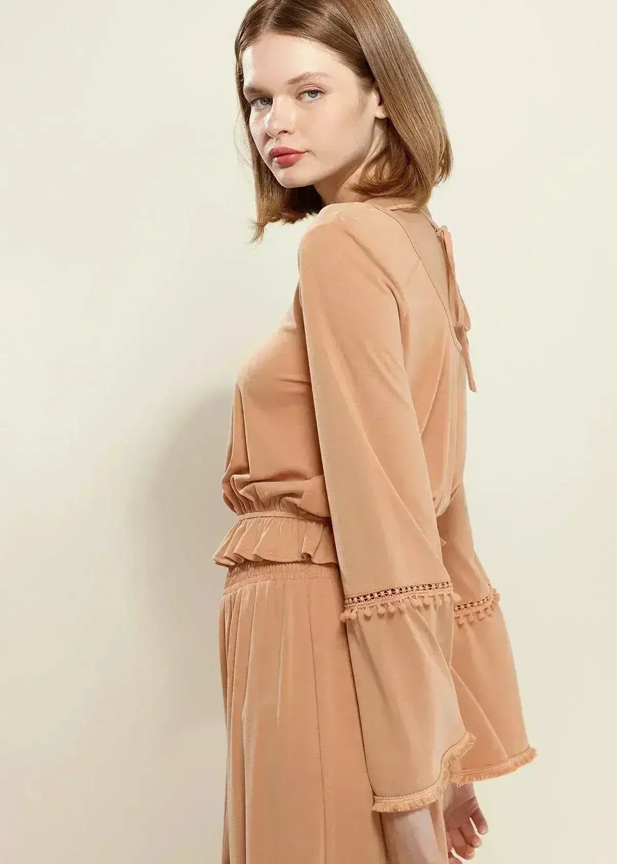 Women's Fringe Cuff Bell Sleeve Top in Apricot - Femstylo