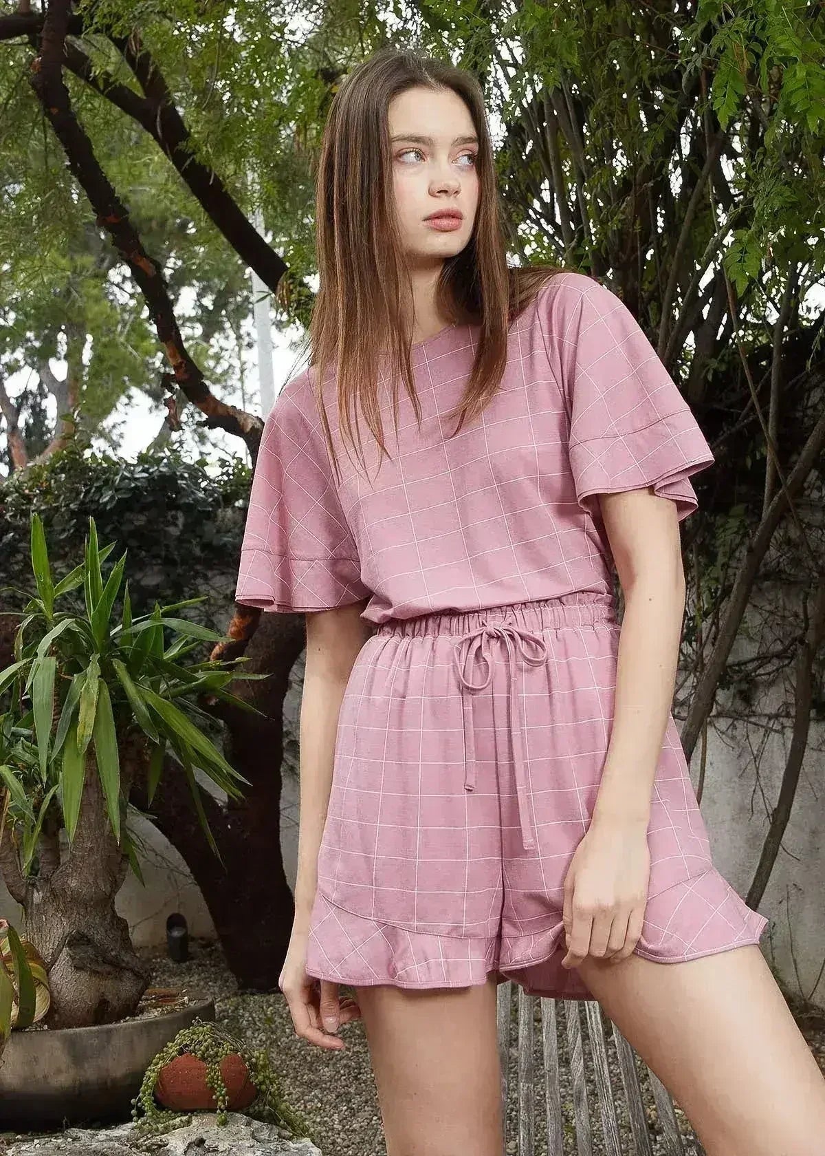 Women's Grid Print Crew Neck Blouse in Pink | Femstylo - Femstylo