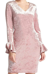 Kara Dress - Long sleeve crushed velvet v-neck dress adorned with bell - Femstylo