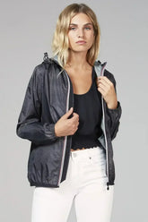Women's black crocodile full zip packable rain jacket and windbreaker - Femstylo