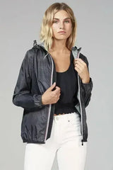 Women's black crocodile full zip packable rain jacket and windbreaker - Femstylo