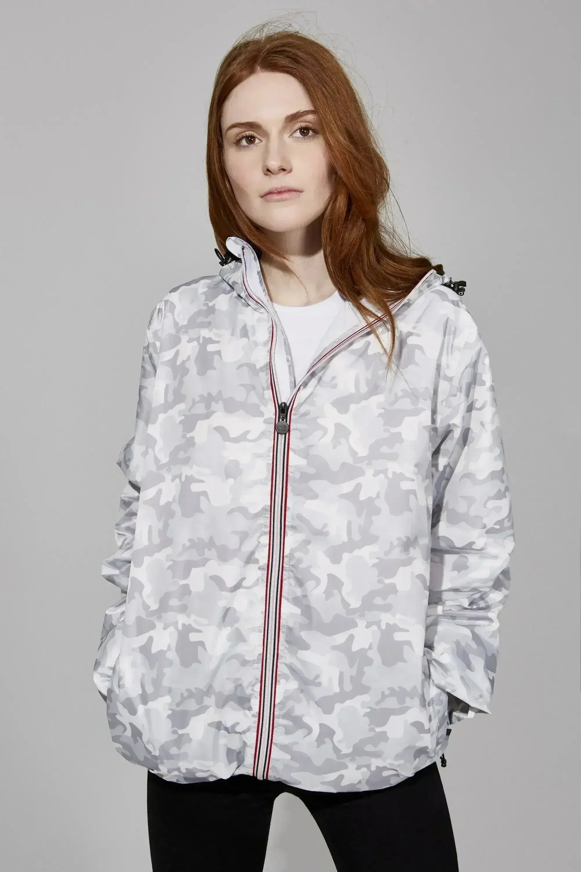 White Camo Full Zip packable rain jacket and windbreaker - Femstylo