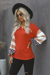 Red V Neck Lantern Sleeve Leopard Stripe Splice Long Sleeve Top - Femstylo
