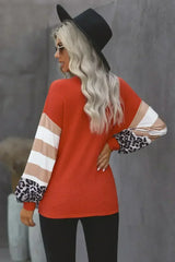 Red V Neck Lantern Sleeve Leopard Stripe Splice Long Sleeve Top - Femstylo