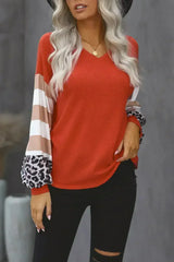 Red V Neck Lantern Sleeve Leopard Stripe Splice Long Sleeve Top - Femstylo