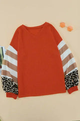 Red V Neck Lantern Sleeve Leopard Stripe Splice Long Sleeve Top - Femstylo
