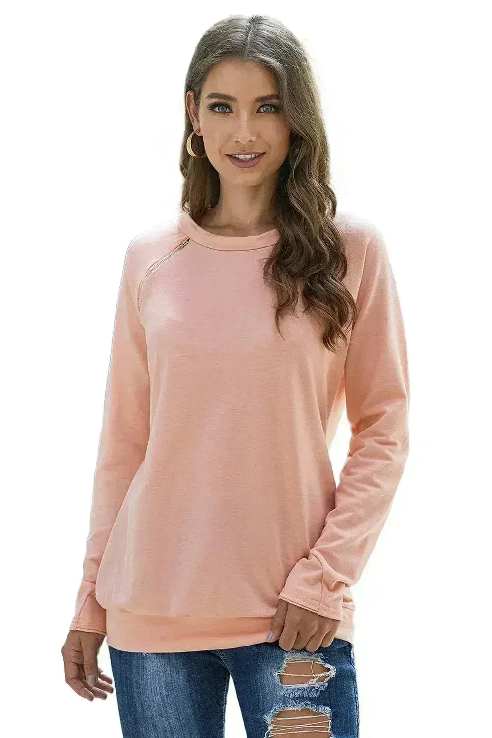 Women Gold Zip Detail Pink Pullover Sweatshirt - Femstylo