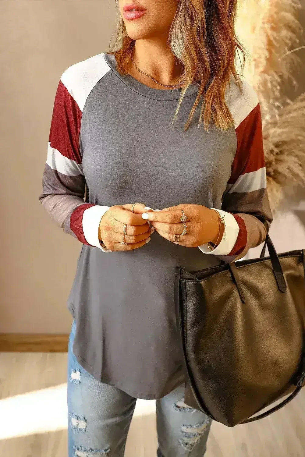 Womens Color Block Long Sleeves Gray Pullover Top - Femstylo