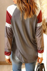 Womens Color Block Long Sleeves Gray Pullover Top - Femstylo