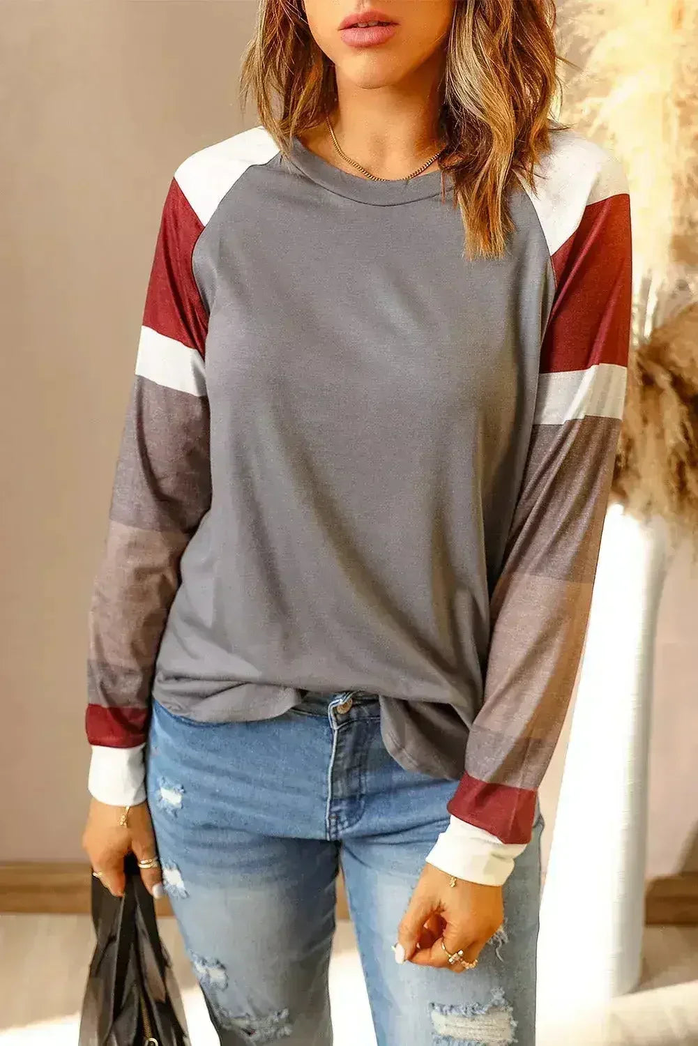 Womens Color Block Long Sleeves Gray Pullover Top - Femstylo