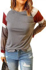 Womens Color Block Long Sleeves Gray Pullover Top - Femstylo
